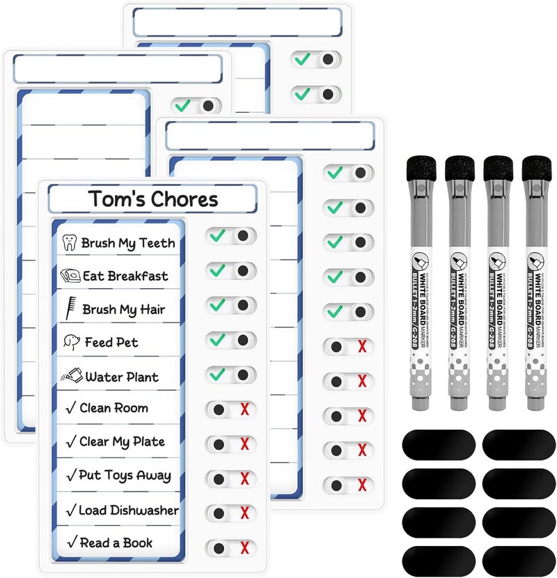 Jupyn 4-in-1 Chore Chart: Dry Erase My Chores Slider Chart, Magnetic Visual Schedule for Fridge, Kids Daily Checklist - ADHD Tools: To-Do List and Routine Chart (Blue 4-Pack) - Image 1